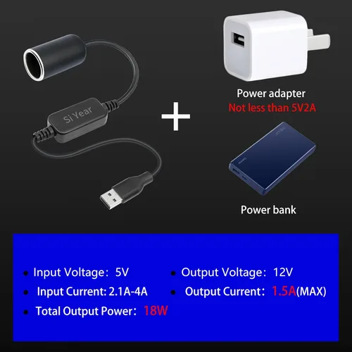 Vista 7 de Cable de alimentación USB A macho a 12 V 18 W para encendedor de cigarrillos, cable de alimentación para grabador de conducción, detector de radar
