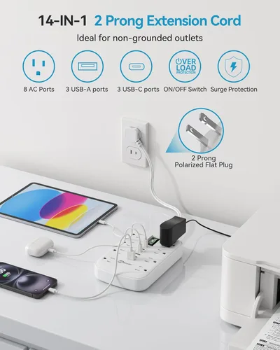 Vista 4 de Cable de extensión corto de 1 pie - Tira de alimentación de 2 clavijas 1700J, protector contra sobretensiones para electrodomésticos con 15A, 8