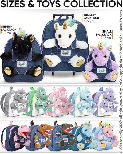 Vista 8 de Naturally KIDS Mochila para niños y niñas con animales de peluche, regalos para niños de 3, 4, 5, 6, 7 años, 01 Pequeño unicornio morado