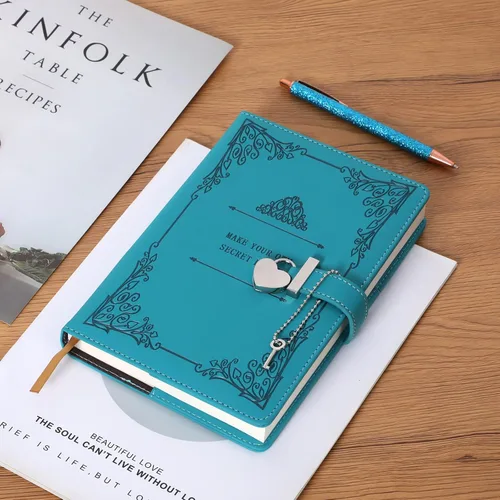 Vista 6 de Diario con candado en forma de corazón con bolígrafo, tamaño A5, cuero sintético PU suave, diario con cerradura, planificador personal, cuaderno