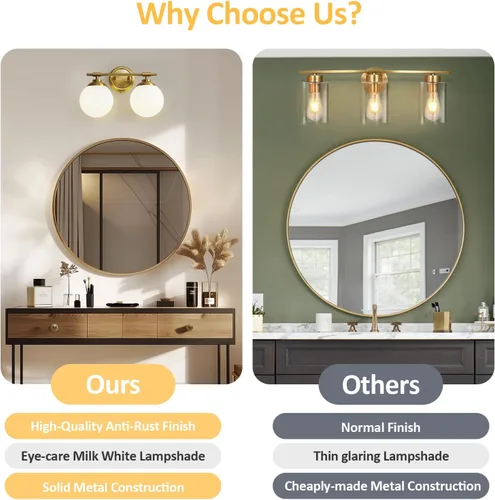 Vista 4 de Rayogale Lámparas de baño doradas, ETL 2 luces de tocador sobre espejo con vidrio esmerilado, iluminación suave, apliques de baño de 15 pulgadas