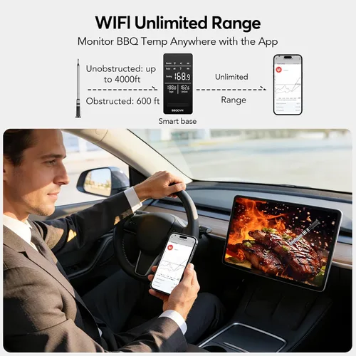 Vista 2 de BBQOVN - Termómetro inalámbrico inteligente WiFi para carne, sub-1G de largo alcance de 1000 pies, 7 sensores certificados NIST en 1 sonda fina