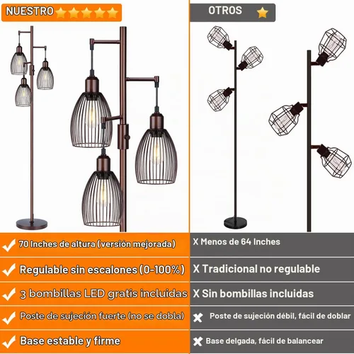 Vista 2 de Torondo Lámpara de pie regulable, lámparas de pie industriales para sala de estar, lámpara de árbol marrón lámpara de pie lámparas altas con 3