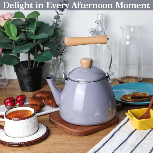 Vista 6 de Webake 2 Quart Enamel Tea Kettle, Vintage Enamelware Teapot with Cool Touch Wooden Handle and Lid Knob for Stovetop Home Kitchen Camping, Gift for