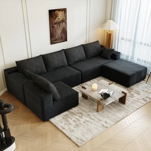 Vista 21 de Sofá modular modular de 139.4 pulgadas, sofás minimalistas en forma de L con diván de asiento medio, moderno sofá convertible de asiento profundo