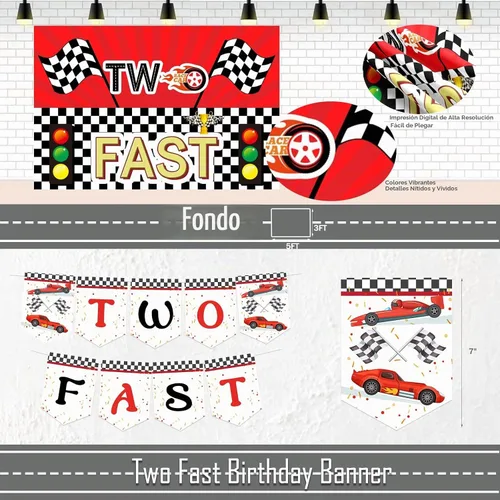 Vista 5 de Decoraciones de Cumpleaños Two Fast – 131 Piezas de Suministros para Fiestas de Cumpleaños con Temática de Autos de Carreras con Fondo Two Fast