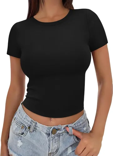Vista 2 de SAMPEEL Ombligueras para mujer de verano, camisetas ajustadas de moda 2024, ajuste delgado Negro