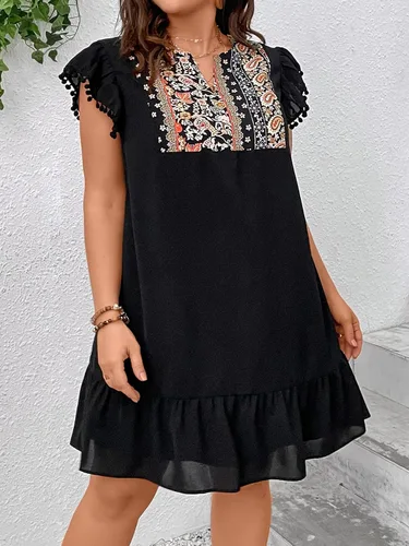 Vista 4 de SweatyRocks Vestido casual de manga corta para mujer, talla grande, estampado de cachemira, cuello con muescas, manga casquillo, dobladillo