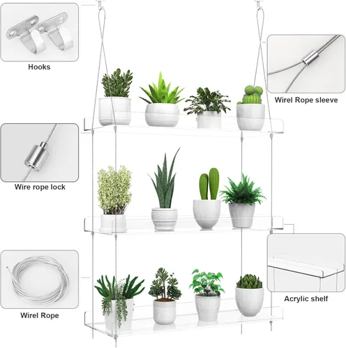 Vista 4 de Estantes transparentes colgantes de 2 niveles para plantas en ventanas, estante acrílico de ventana y pared para plantas para cocina, jardines