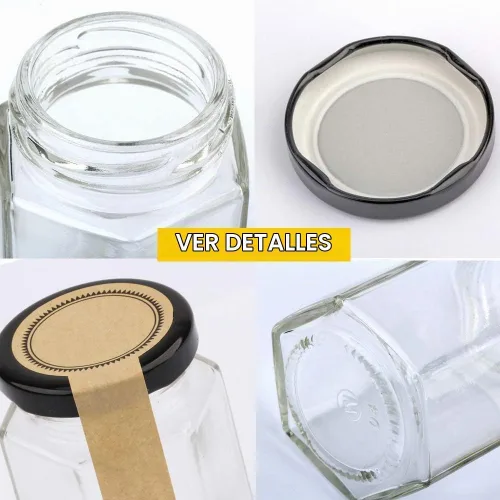 Vista 2 de Tarros hexagonales transparentes de 4 onzas, pequeños frascos de vidrio para miel con tapas (negras), tarros Mason para hierbas, alimentos