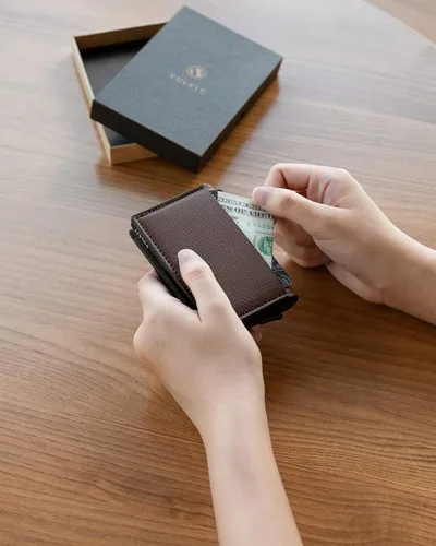 Vista 6 de VULKIT Tarjetero RFID Bloqueo de Cuero Automático Pop Up Cartera Aluminio Slim Pocket Tarjeta de Visita