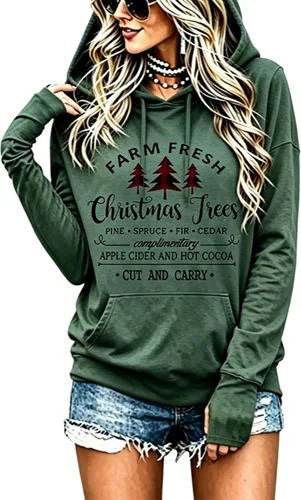 Vista 4 de LLHXRUI Sudadera de Navidad con diseño de árbol a cuadros y rayas para mujer, camiseta con bolsillo con capucha, manga larga, bloque de color Como