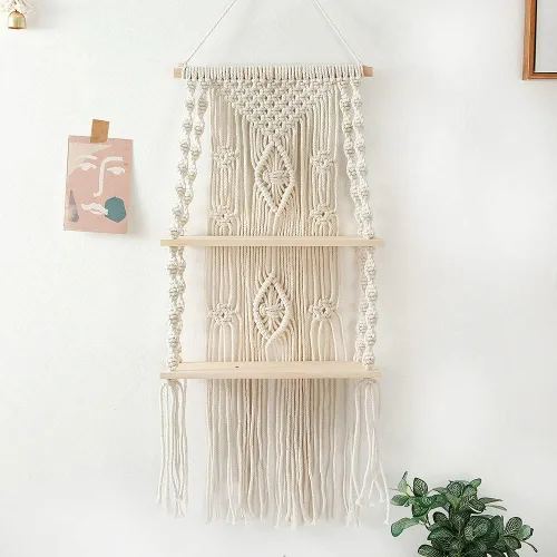 Vista 6 de Estante de macramé para colgar en la pared, estantes bohemios para colgar en la pared de plantas pequeñas, marcos de fotos, decoración del hogar, 2T