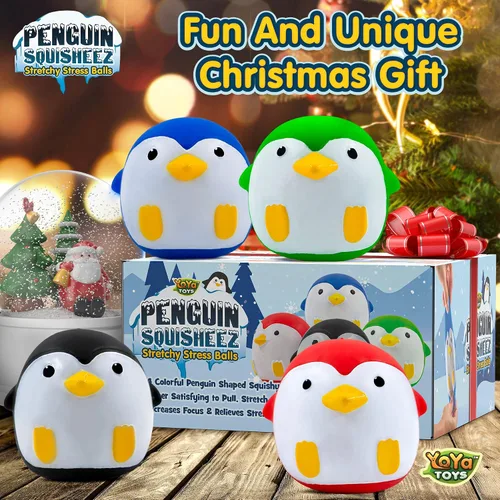 Vista 8 de YoYa Toys Penguin Squisheez - Pelotas blandas para aliviar el estrés (juego de 4) Juguetes elásticos en forma de animales para niños, niñas