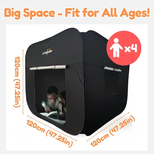 Vista 2 de Tienda Sensorial Emergente para Niños, Extra Grande 47x47 pulgadas Refugio Tranquilizante de Oscurecimiento Negro, Tienda Negra Calmante para Niños