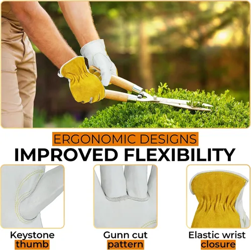 Vista 3 de HANDLANDY Guantes de jardinería de cuero para hombre, guantes de trabajo utilitarios para mecánicos, construcción, conductor