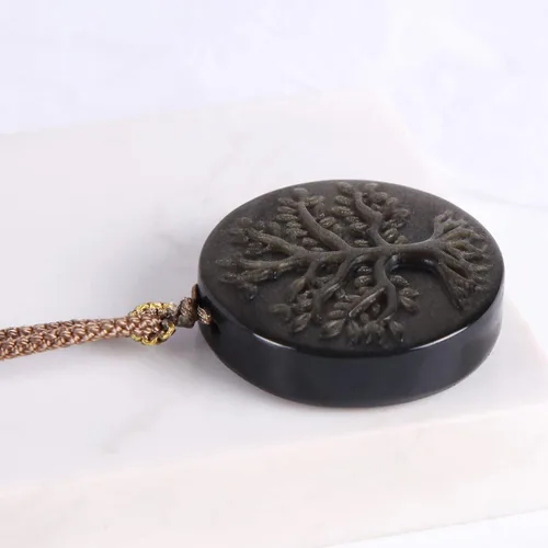 Vista 6 de Guptue Collar de árbol de la vida de piedra negra de obsidiana, dorado, obsidiana plateada, piedra natural para hombres y mujeres amantes