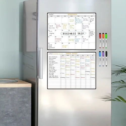 Vista 4 de JJPRO Tabla magnética de tareas de borrado en seco y planificador mensual de pizarra blanca para refrigerador, tabla de tareas para varios niños