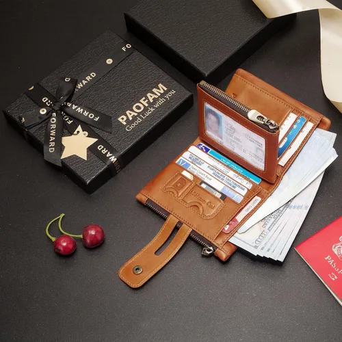 Vista 6 de Cartera con cadena, monedero de cuero genuino con bloqueo RFID, doble cremallera, bolsillo para monedas con cadena antirrobo, carteras de cadena a