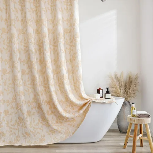 Vista 10 de OVZME Cortina de ducha dorada con flores de 72 pulgadas de largo, cortina de baño de textura arrugada y gruesa de calidad hotelera, decoración