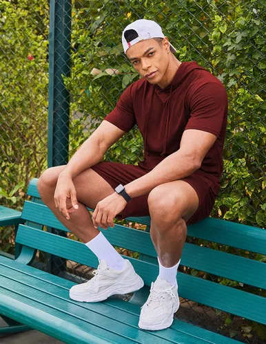 Vista 3 de COOFANDY Conjunto deportivo de 2 piezas con capucha para hombre, manga corta, casual, deportivo, con capucha y pantalones cortos