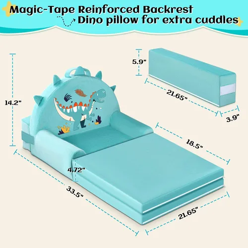 Vista 3 de Sofá cama de dinosaurio para niños con funda extraíble lavable y respaldo de cinta mágica - Silla plegable para niños pequeños, cómodos muebles
