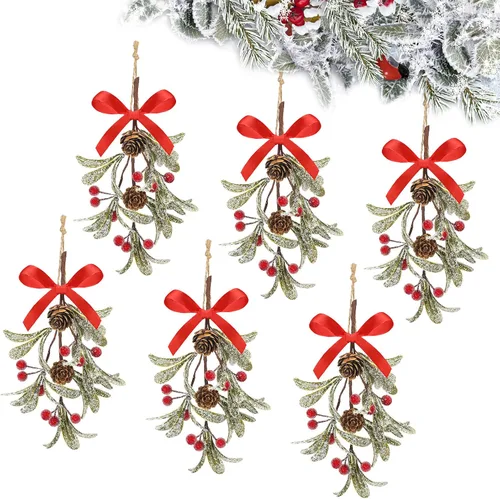 Vista 19 de Giegxin 1 pieza Adorno de Navidad Artificial de Muérdago Colgante con Lazo Rojo Bouquet de Adornos Colgantes de Navidad Floral con Piñas Naturales