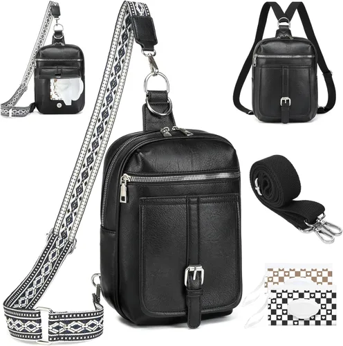 Vista 17 de Bolso Bandolera Mochila Cruzada - 2 en 1 Bolso Cruzado de Cuero Riñonera con 2 Correas Extraíbles Mini diaper bag, Instant Wipes pocket