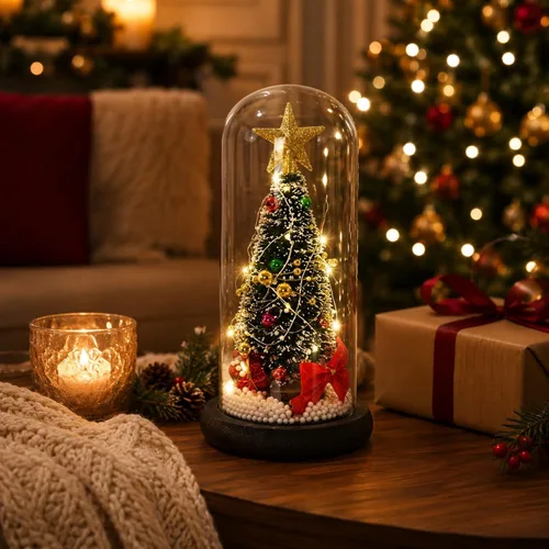 Vista 3 de LUOZZY Árbol de Navidad en cúpula de cristal pequeño árbol de Navidad iluminación escritorio adorno brillante mini árbol de Navidad