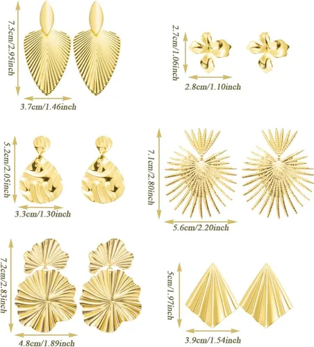 Vista 4 de LOREMOW 12 pares de aretes grandes de oro para mujeres y niñas, aretes grandes geométricos exagerados, aretes colgantes de hojas trenzadas