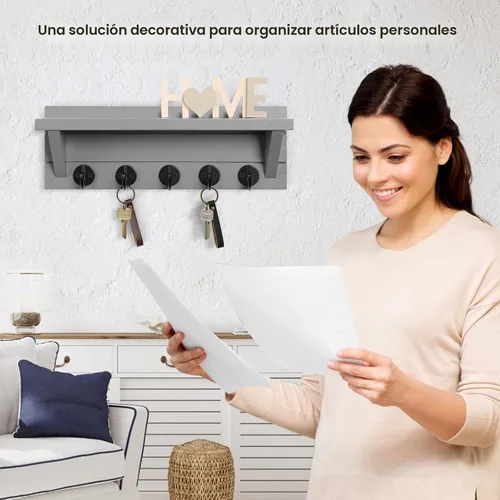 Vista 5 de Lwenki Soporte para Llaves de Pared con Estante, Estante Rústico con Ganchos Hecho de Madera de Paulownia que Sostiene Llaves, Correa de Perro Gris