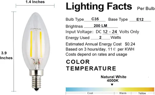 Vista 3 de Paquete de 5 bombillas LED para candelabros CC de 12 V-24 V, 2 W, 200 lm, 4000 K, blanco natural, regulables con atenuador PWM DC, punta de torpedo