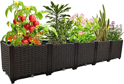 Vista 15 de Macetas elevadas de plástico para cama de jardín elevada con patas para plantas al aire libre, kits de caja con agujeros de drenaje para patio