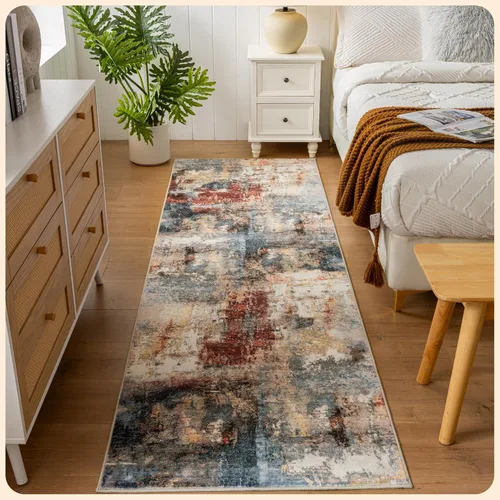 Vista 174 de Istana Alfombra larga antideslizante de 2.5 x 8 para el hogar, para pasillo y cocina, lavable, sedosa y suave al tacto, elegante, color azul y marfil