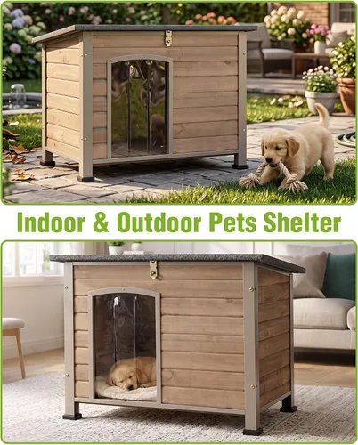 Vista 6 de Casa para perros de tamaño pequeño a grande, para interiores y exteriores, refugio para cachorros con piso elevado, perrera duradera e impermeable