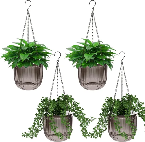Vista 8 de Meanplan 4 macetas colgantes de riego automático para interiores de 6.5 pulgadas, cestas colgantes para plantas al aire libre, maceta de plástico