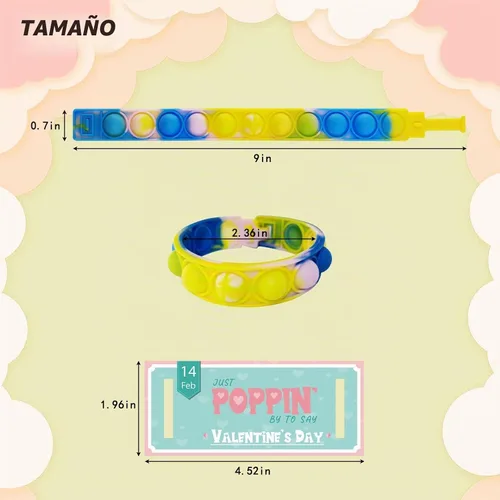 Vista 2 de 24 pulseras para el día de San Valentín con 24 tarjetas, juguetes para ansiedad de burbujas multicolor para la escuela, pulsera Pop Fidget Fidget