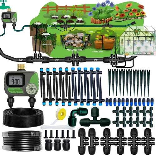 Vista 11 de Kit de riego por goteo Sistema de riego automático con temporizador de agua de 64 pies con tubo de 1/4 y 12 boquillas de riego de lluvia en 4