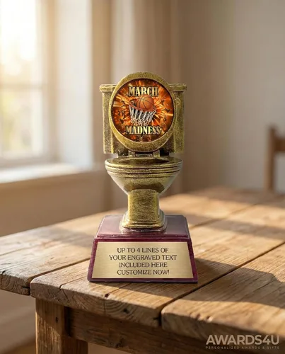 Vista 4 de Divertido trofeo por la locura – Premio del inodoro de marzo para torneo de baloncesto – Trofeos perdedores o ganadores para adultos – Personalizado