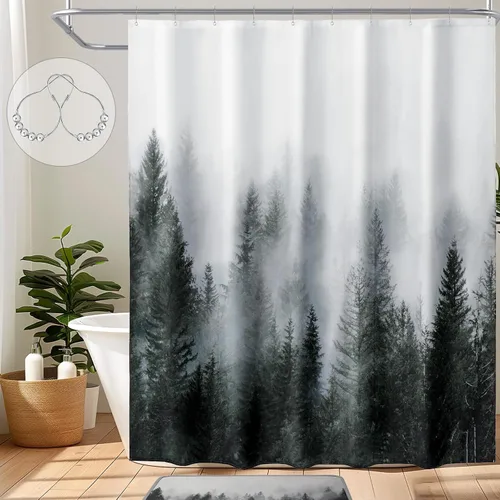 Vista 14 de ORTIGIA 36x72 Cortina de ducha de bosque nebuloso para baño pequeño, cortina de ducha estrecha de naturaleza y bosque en blanco y negro con ganchos