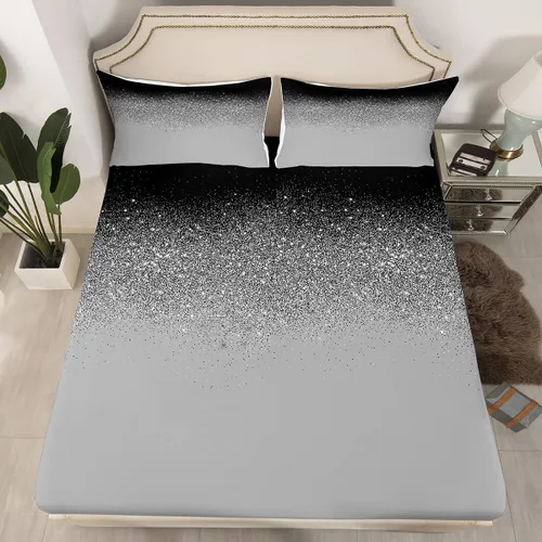 Vista 2 de Manfei Juego de sábanas con purpurina tamaño individual, juego de ropa de cama negro y gris para decoración de habitación de niños, niñas