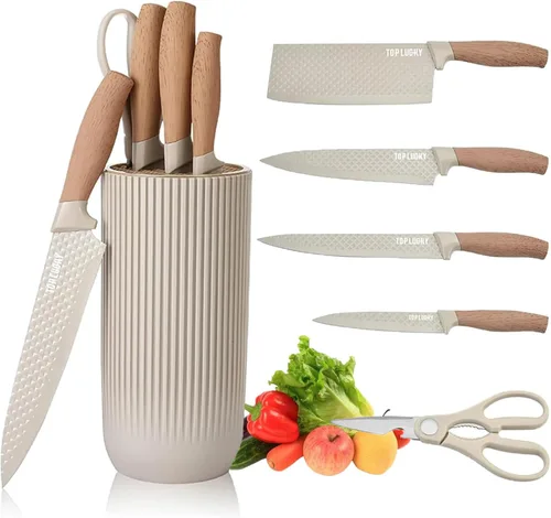 Vista 9 de Juego de cuchillos de cocina profesional de 7 piezas con bloque universal de cuchillos, juego de bloques de cuchillos súper afilados con mango Beige