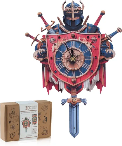 Vista 12 de Rompecabezas de madera 3D para adultos, kit de modelo de reloj de dragón azul con péndulo, rompecabezas 3D para adultos, kit de reloj de pared DIY