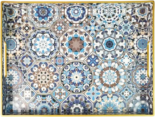 Vista 20 de Bandeja de servir azul con 4 asas, bandeja decorativa de plástico para mesa de café, otomana - Ideal para sala de estar y baño. 15 x 11 x 1.9