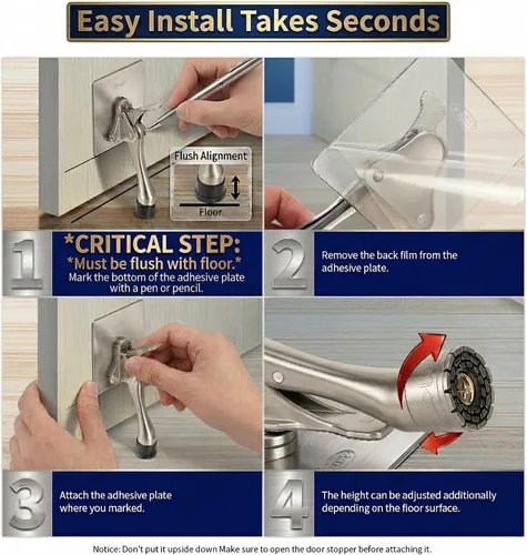 Vista 5 de HOME&I Tope de puerta abatible de 4 pulgadas con placa de montaje autoadhesiva grande, tope de puerta ajustable resistente, soporte de puerta Negro