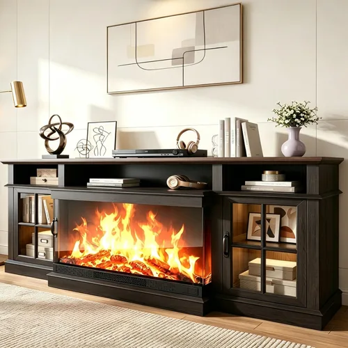 Vista 19 de Mueble de TV de estilo granja de 98" con chimenea de 36" para televisores de hasta 100", centro de entretenimiento multimedia con estantes 2-Blanco