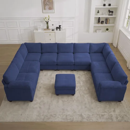 Vista 15 de Sofá modular de 61 pulgadas con otomana, asiento extra profundo para sala de estar, sofá de asiento profundo de pana con almohadas para Beige