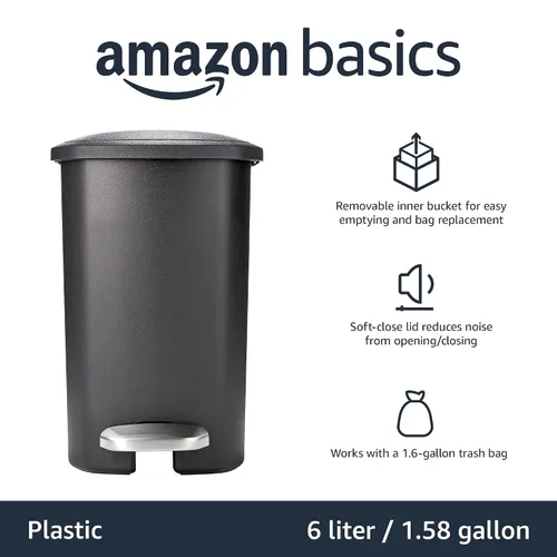 Vista 2 de Amazon Basics Basurero de plástico compacto para baño con tapa de cierre suave, pedal manos libres, cubo interior extraíble, 6 litros/1.6 galones