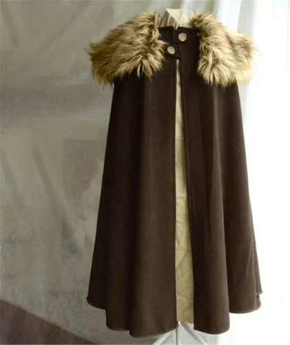 Vista 11 de Capa para hombre, abrigo de invierno cálido gótico de lana sintética con cuello de piel sintética, capa larga, capa vintage medieval vikinga