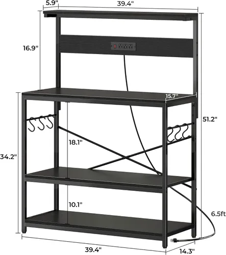 Vista 7 de SUPERJARE - Estante para panaderos con tomas de corriente, soporte para microondas de 39.4 x 14.3 pulgadas, estante de almacenamiento con estante